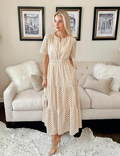 ZESICA Women’s 2025 Summer V-Neck Eyelet Ruffle Short Sleeve Maxi Dress – Casual A-Line