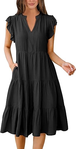 ANRABESS Summer Ruffle Sleeve V-Neck Midi Dress – Flowy Boho Beach Vacation Sundress