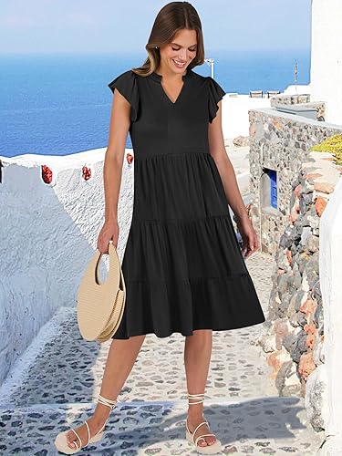 ANRABESS Summer Ruffle Sleeve V-Neck Midi Dress – Flowy Boho Beach Vacation Sundress