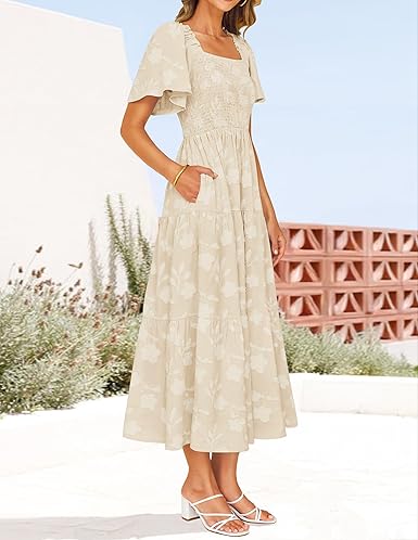 ZESICA 2025 Women’s Boho Floral Midi Dress – Square Neck Short Sleeve Flowy Beachwear