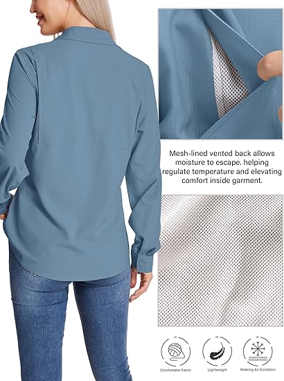 Women’s UPF 50 UV Sun Protection Shirt – Long Sleeve Lightweight Hiking Fishing Travel Top