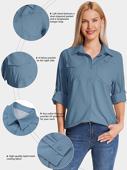 Women’s UPF 50 UV Sun Protection Shirt – Long Sleeve Lightweight Hiking Fishing Travel Top