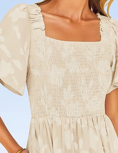 ZESICA 2025 Women’s Boho Floral Midi Dress – Square Neck Short Sleeve Flowy Beachwear