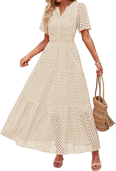 ZESICA Women’s 2025 Summer V-Neck Eyelet Ruffle Short Sleeve Maxi Dress – Casual A-Line