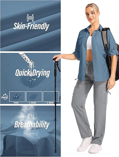 Women’s UPF 50 UV Sun Protection Shirt – Long Sleeve Lightweight Hiking Fishing Travel Top